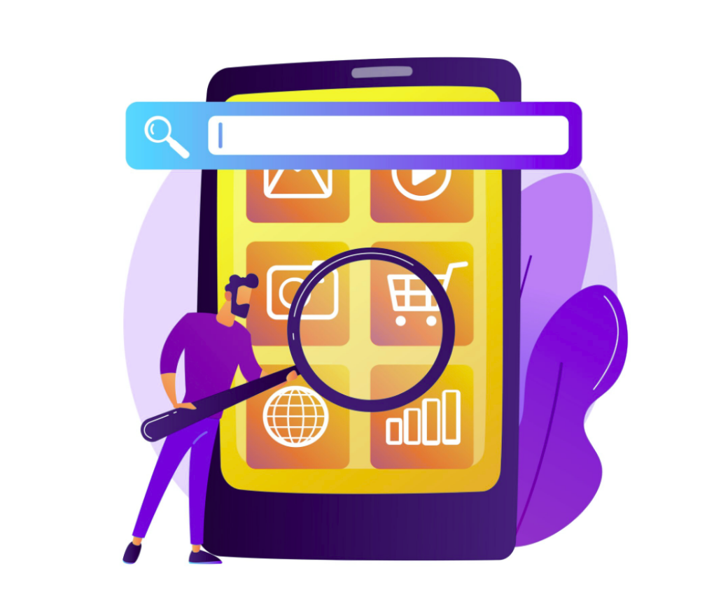 Illustration of a person standing next to a large computer screen with interface panels and settings icons.