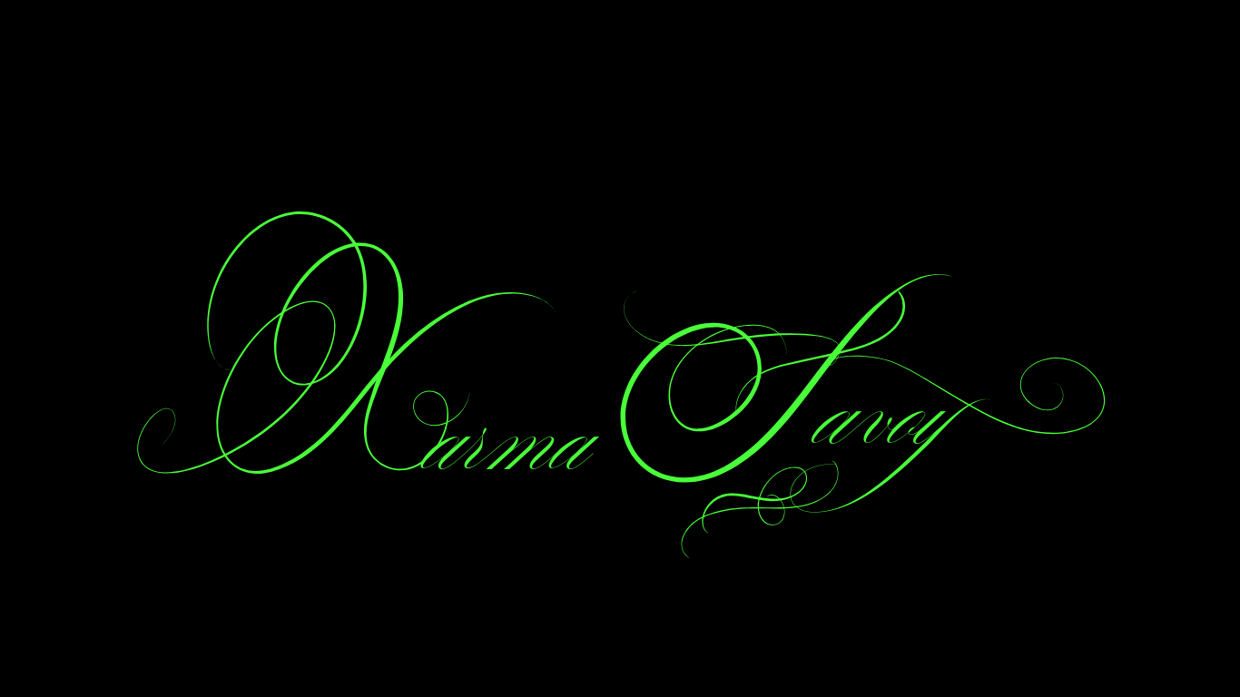 Green ccalligraphy 'Karma Savoy' on a black background