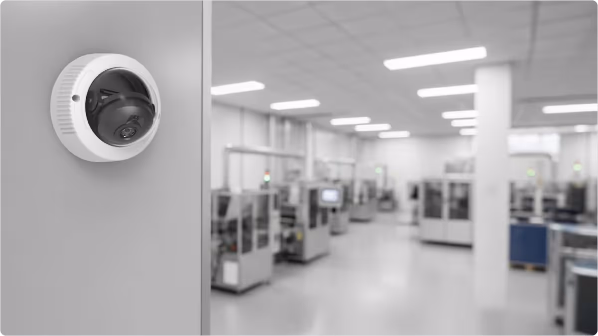 Wall-mounted camera in a factory.