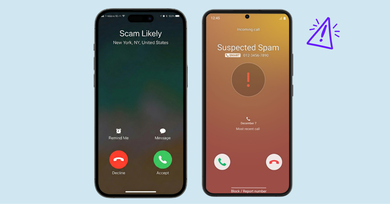 iphone and android phones showing 'scam likely' and 'suspected scam' warnings on phonecalls