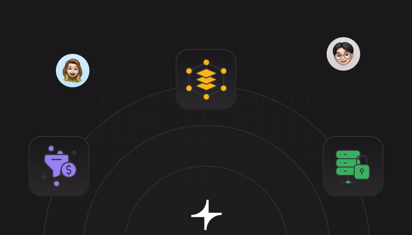 Diagram with three icons connected in a circle: data filtering with dollar sign, layered data network, and secured server with a lock, each near an avatar illustration on a dark background.
