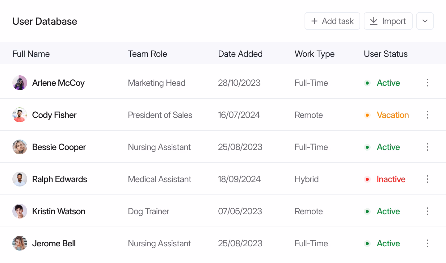 User database table with columns Full Name, Team Role, Date Added, Work Type, and User Status showing six users with various roles and statuses like Active, Vacation, and Inactive.