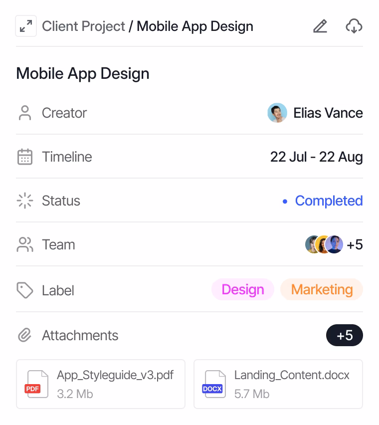 Project details for Mobile App Design showing creator Elias Vance, timeline from 22 Jul to 22 Aug, completed status, team members, labels Design and Marketing, and two attachments: a PDF and a DOCX file.