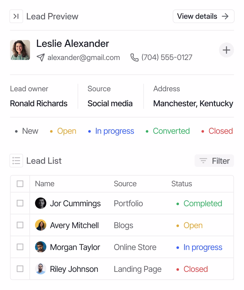 Lead preview interface showing Leslie Alexander's contact with lead owner Ronald Richards from social media, located in Manchester, Kentucky. Lead list includes Jor Cummings (Portfolio, Completed), Avery Mitchell (Blogs, Open), Morgan Taylor (Online Store, In progress), and Riley Johnson (Landing Page, Closed).