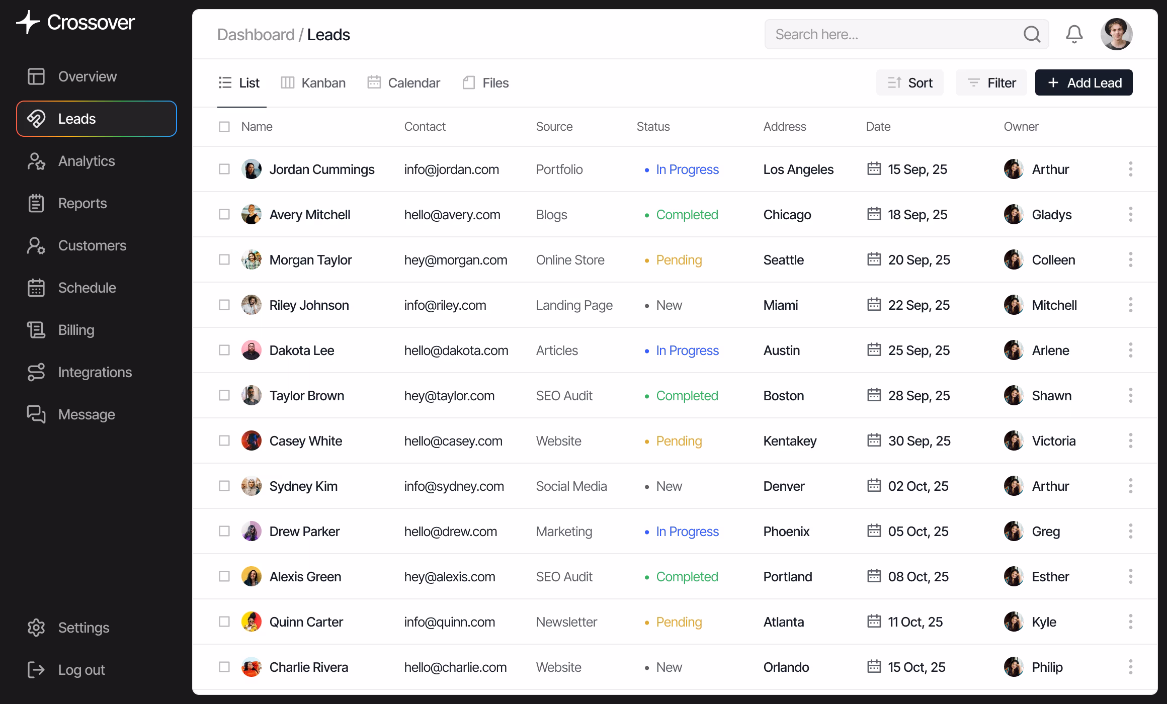 Dashboard screen showing a leads list with columns for name, contact, source, status, address, date, and owner, with various statuses like In Progress, Completed, Pending, and New.