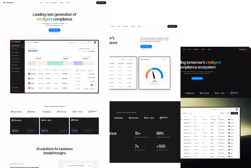 Screenshot montage of a compliance software website showing dashboards with financial data, task management, performance metrics, and client logos on light and dark backgrounds.