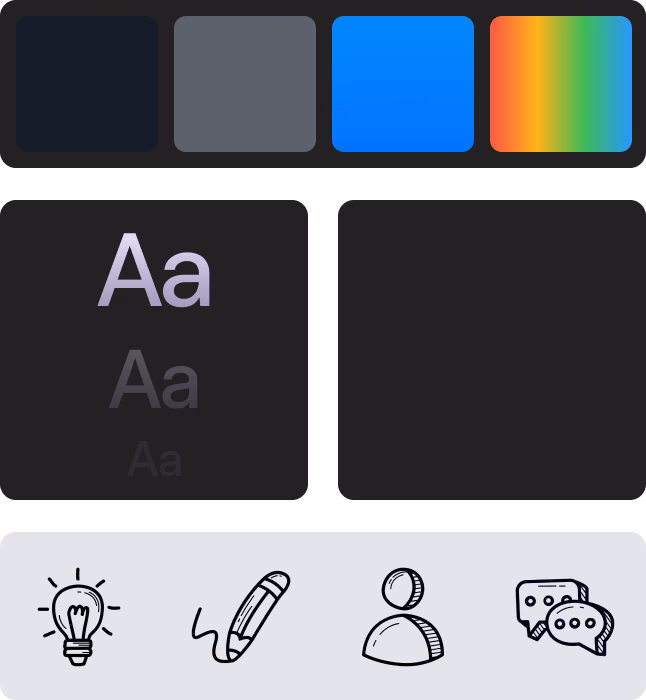 User interface showing color palette selections, font size options, and icons for ideas, editing, user profile, and chat.