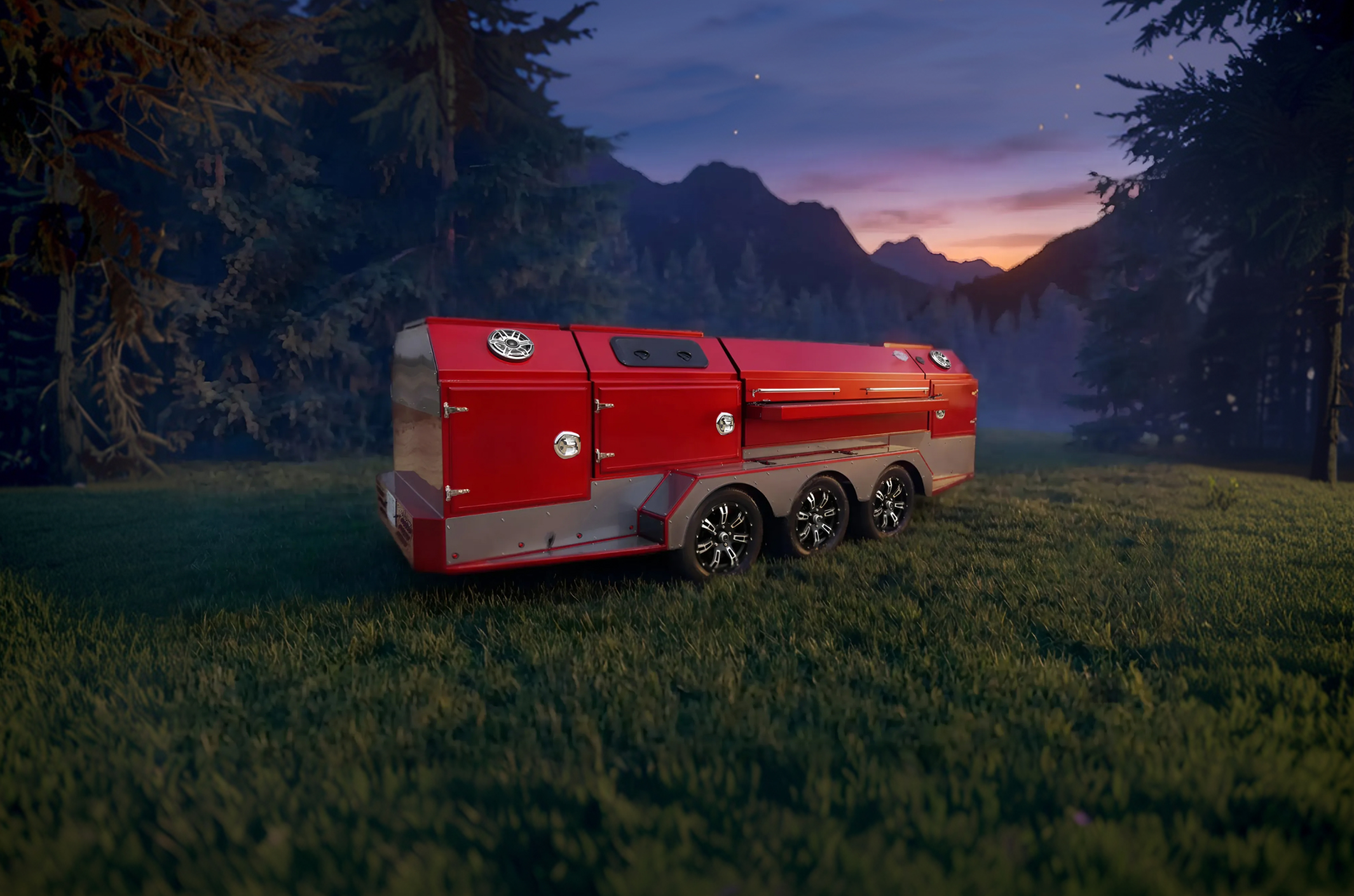 Custom BBQ Trailer made for Red Liquid Edge Oilfield Services parked on a dirt path in a forest at dusk.