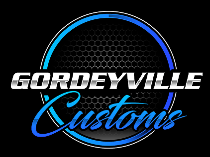 Logo with the text 'Gordeyville Customs' featuring a bold white uppercase font for Gordeyville and a blue cursive font for Customs inside a black circular background with hexagonal pattern and blue gradient outline.