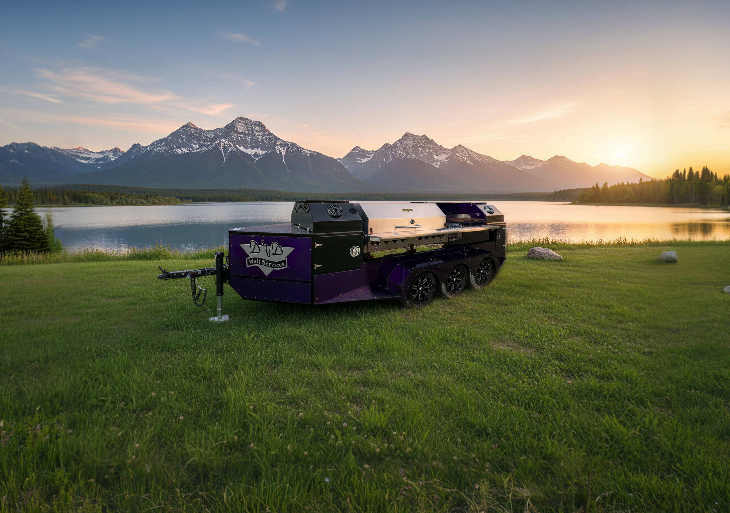 Custom BBQ Trailer made for Red Liquid Edge Oilfield Services parked on a dirt path in a forest at dusk.
