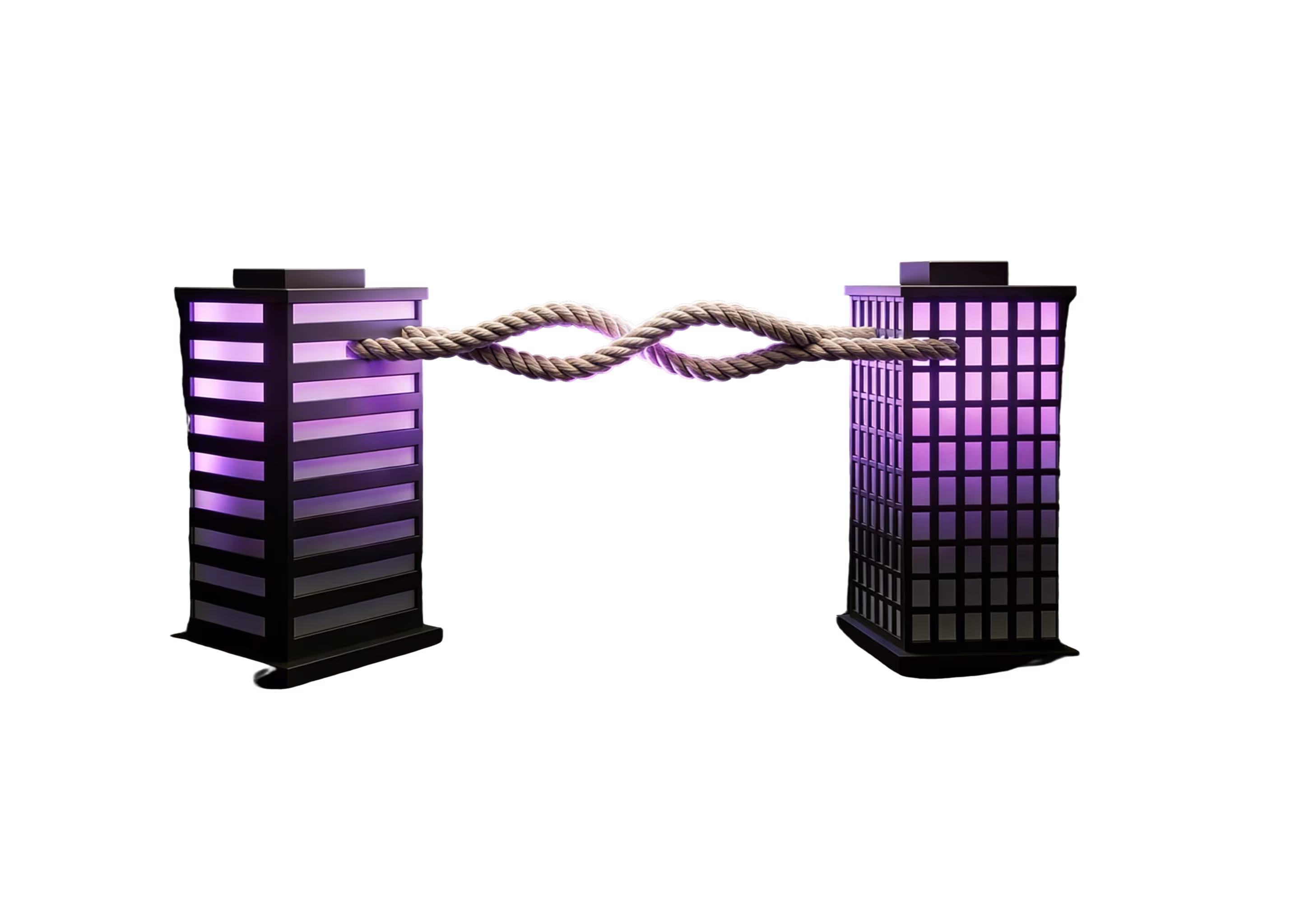 Two illuminated purple buildings connected by a twisted rope against a black background.