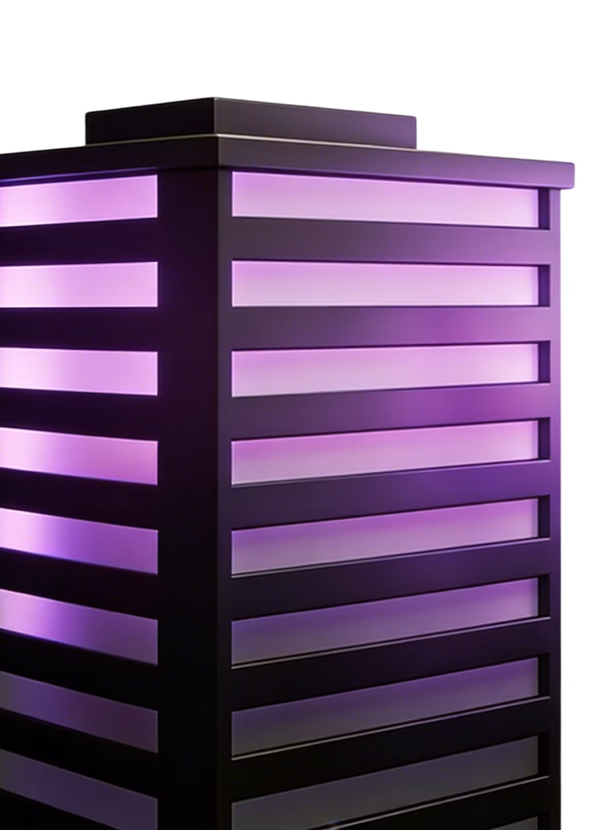 Black rectangular structure with horizontal purple glowing stripes on a black background.