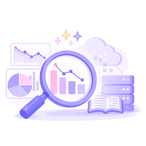 Magnifying glass focusing on declining bar and line graphs with data charts, cloud, and database icons.