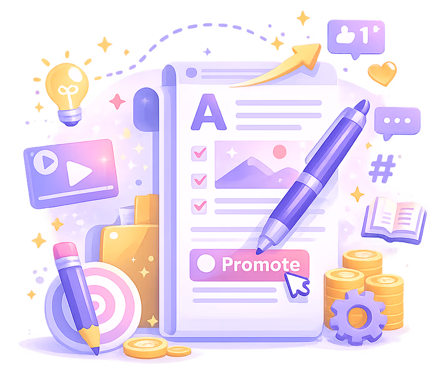 Illustration of content writing with document, pen, promote button, and icons like lightbulb, target, and coins.