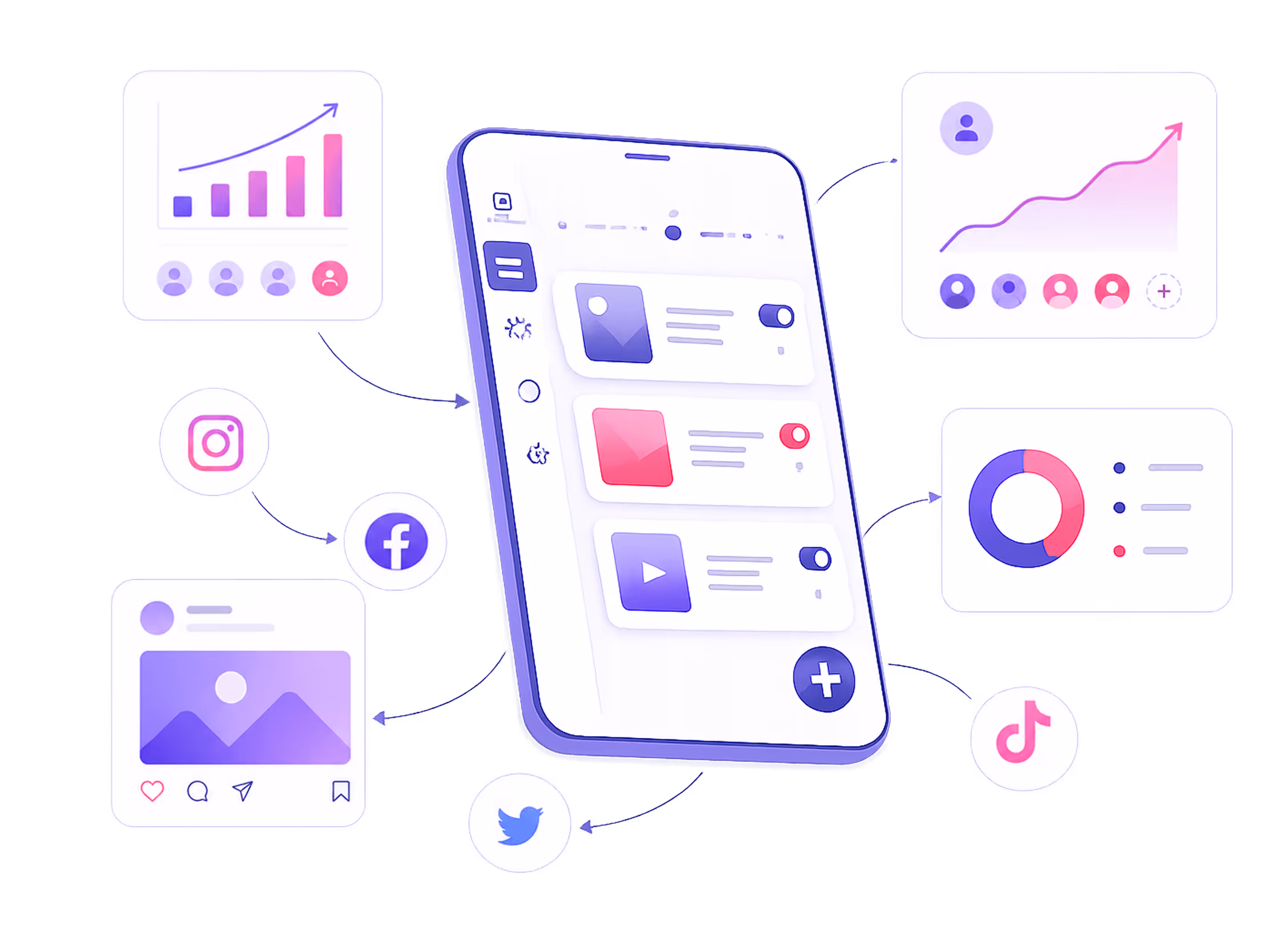 Smartphone displaying social media management interface with charts and icons for Instagram, Facebook, Twitter, TikTok.