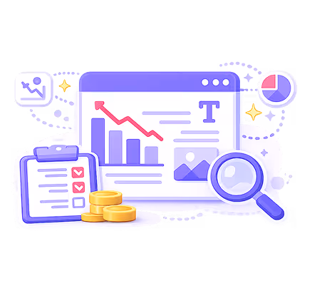 Dashboard showing charts, checklist, coins, and a magnifying glass representing reporting and data analysis.