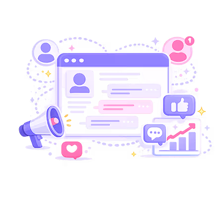 Illustration of online community management with chat bubbles, user icons, megaphone, and social media engagement icons.
