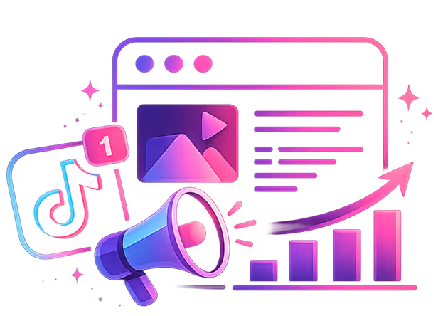 Illustration of TikTok icon with notification, megaphone, webpage, and rising bar graph with arrow.