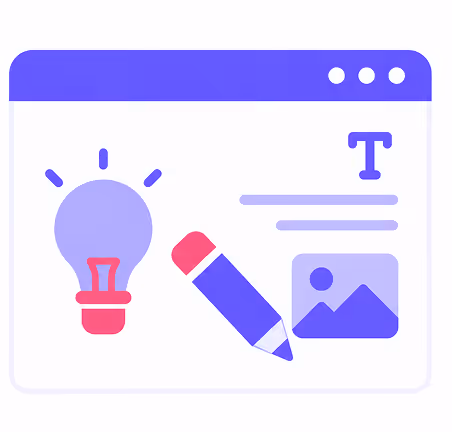 Illustration of a webpage with a light bulb, pencil, text, and an image icon.