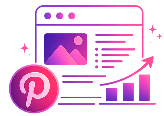 Illustration of a web page with Pinterest logo, rising bar chart, and upward arrow representing growth.
