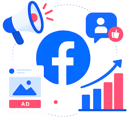 Facebook logo surrounded by marketing icons including ad, megaphone, user, and growth chart.
