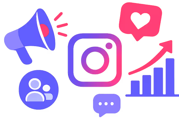 Instagram logo surrounded by icons of megaphone, followers, chat, likes, and growth chart.
