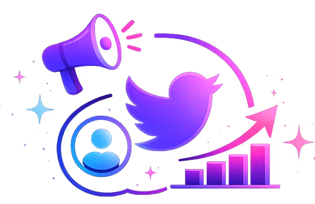 Purple Twitter logo with megaphone, user icon, ascending bar chart, and circular arrow graphics.
