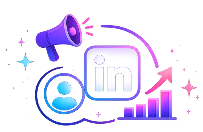 Illustration of LinkedIn icon, user symbol, megaphone, and rising bar graph with arrow.