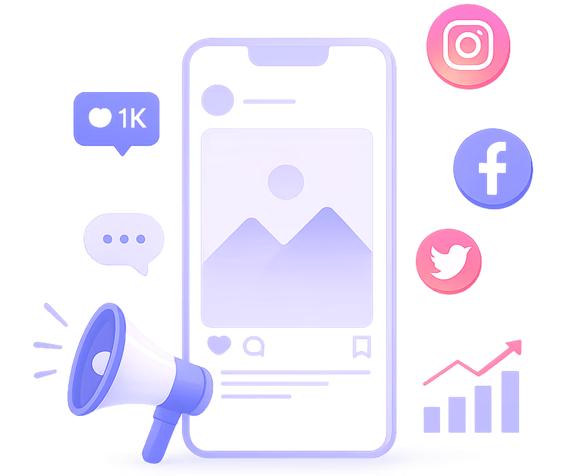 Illustration of a smartphone with social media icons, a like notification, speech bubble, and a megaphone.