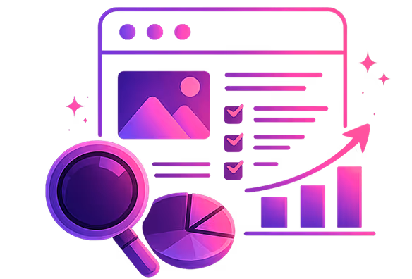 Browser window with image, checklist, magnifying glass, pie chart, and upward bar graph arrow.