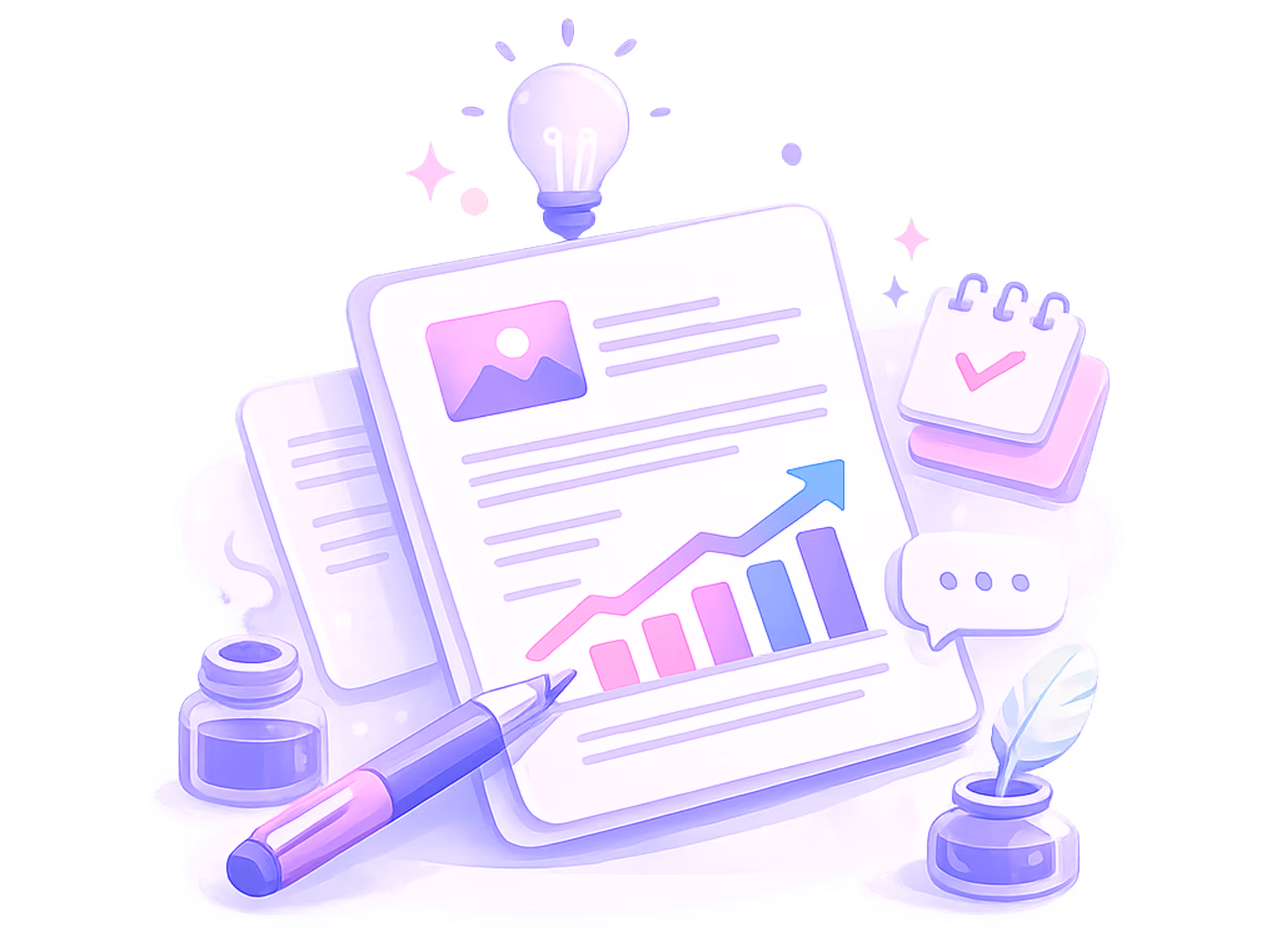 Illustration of documents with rising bar graph, pen, lightbulb, checkmark calendar, and ink pot with feather.