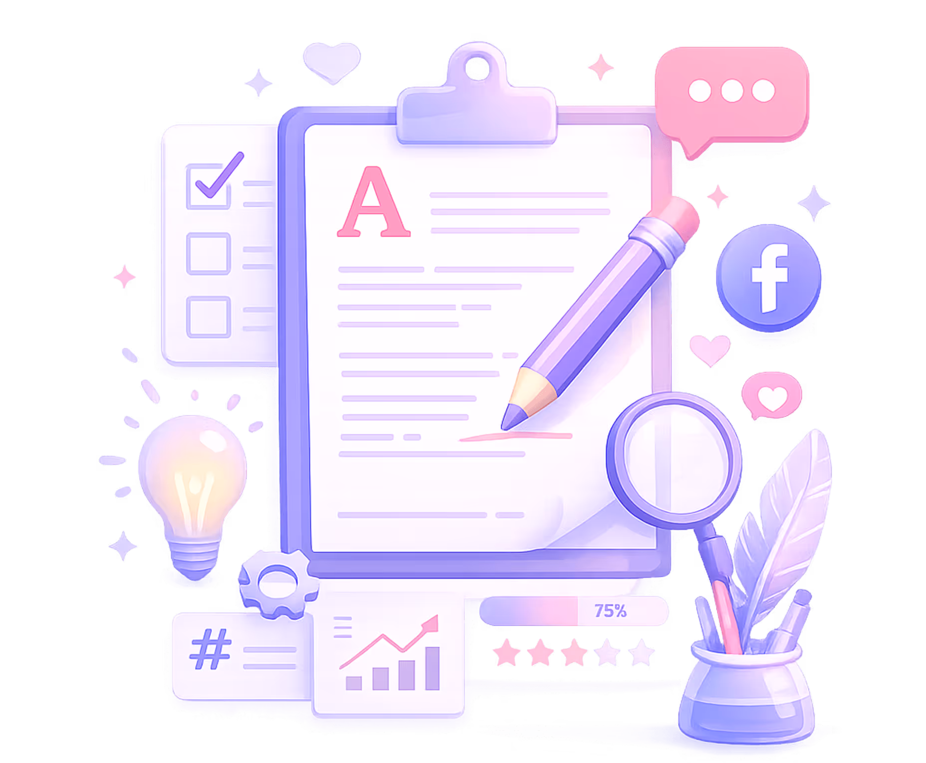 Clipboard with text, pencil, magnifying glass, light bulb, charts, and social media icons representing content creation.