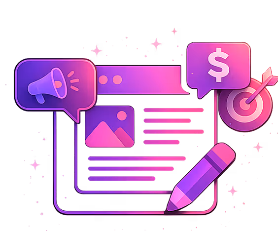 Digital marketing concept with webpage, megaphone, dollar sign, target, and pencil icons in purple tones.