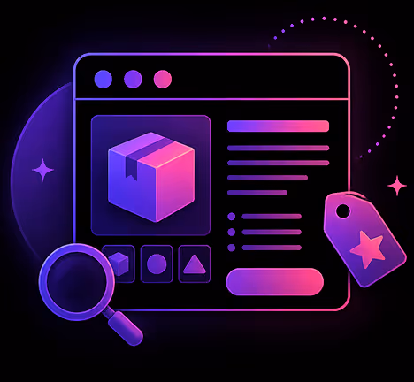 Digital product page with a 3D box, shapes, a search icon, and a star-tag, glowing in neon colors.