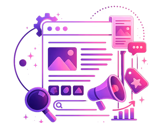 Illustration of digital marketing elements including a webpage, magnifying glass, megaphone, and analytics graph.