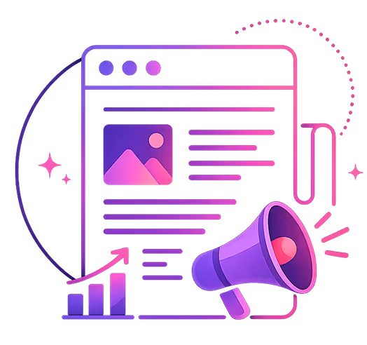 Icon of a press release web page with a megaphone and rising bar graph in purple and pink tones.