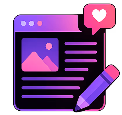 Illustration of a blog post with an image, text lines, a pencil, and a heart like icon above it.