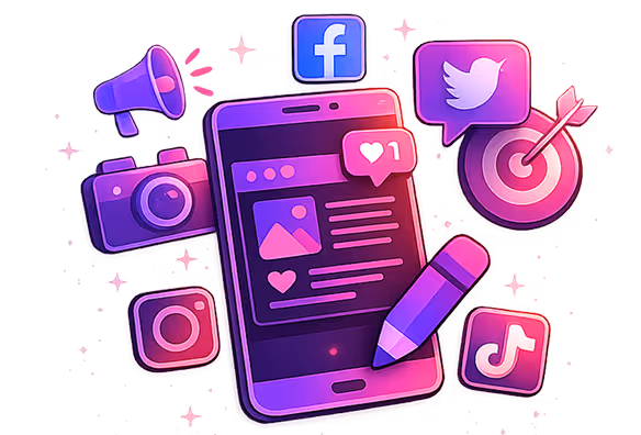 Smartphone with social media icons including Facebook, Twitter, Instagram, TikTok, camera, and megaphone.