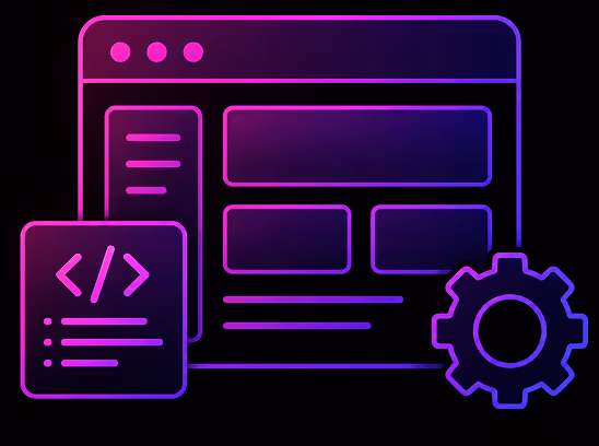 Neon outline of a web browser window with code and gear icons symbolizing web development and CMS.