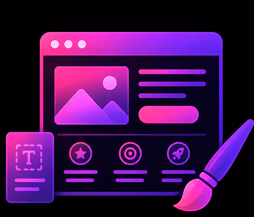 Colorful digital graphic of a webpage layout with icons and a paintbrush symbolizing design creation.