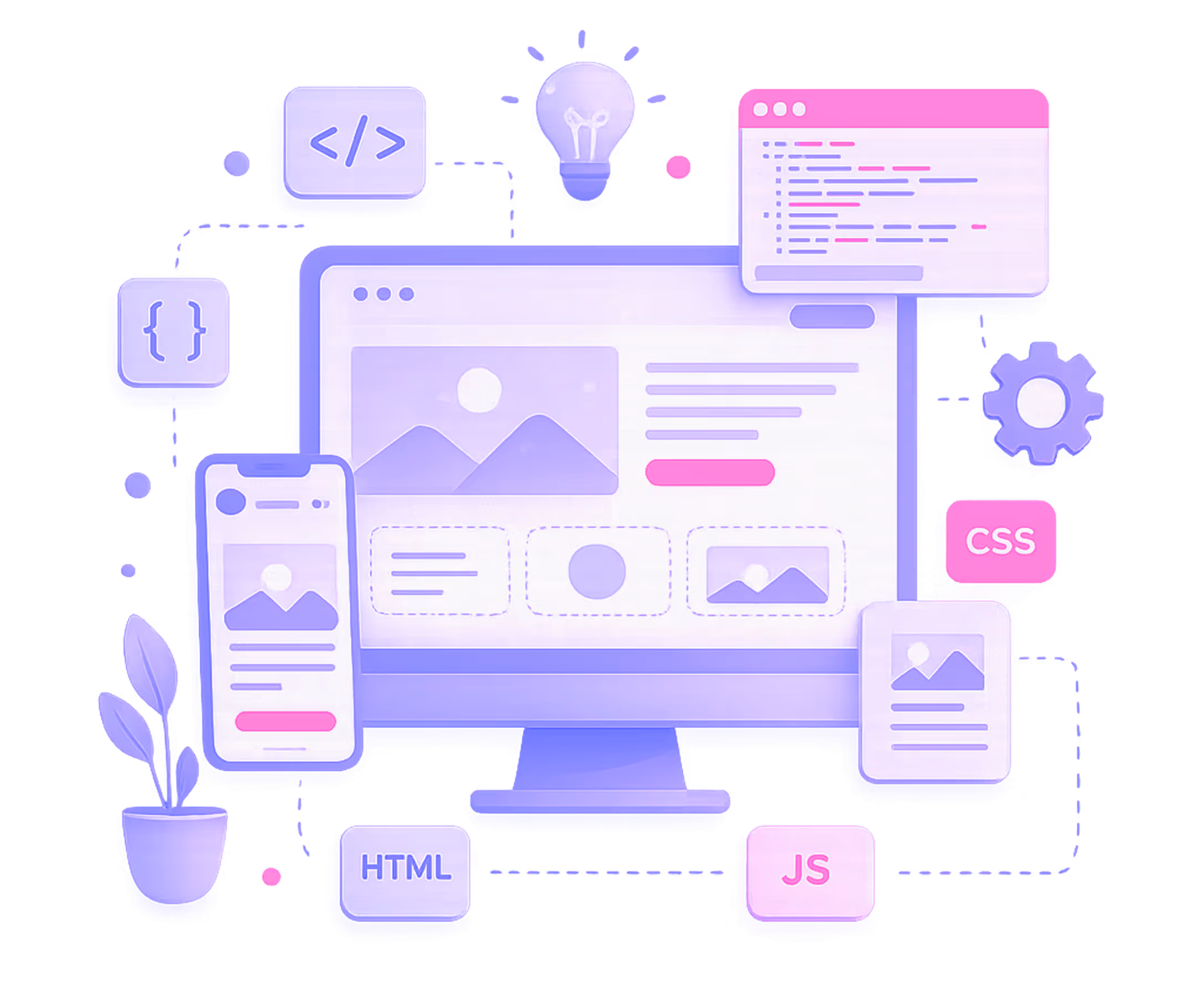 Computer screen with responsive web design icons showing HTML, CSS, JS, and coding elements.