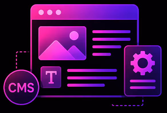 Graphic of a web page layout with image, text, settings icon, and CMS label in purple and pink tones.