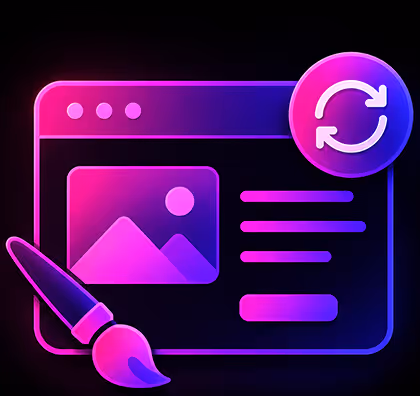 Neon graphic of a web page with a paintbrush and refresh icon, symbolizing design and update.