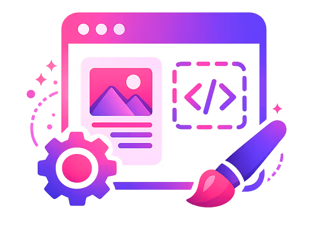 Colorful web design icon showing a browser window with image, code, gear, and paintbrush.