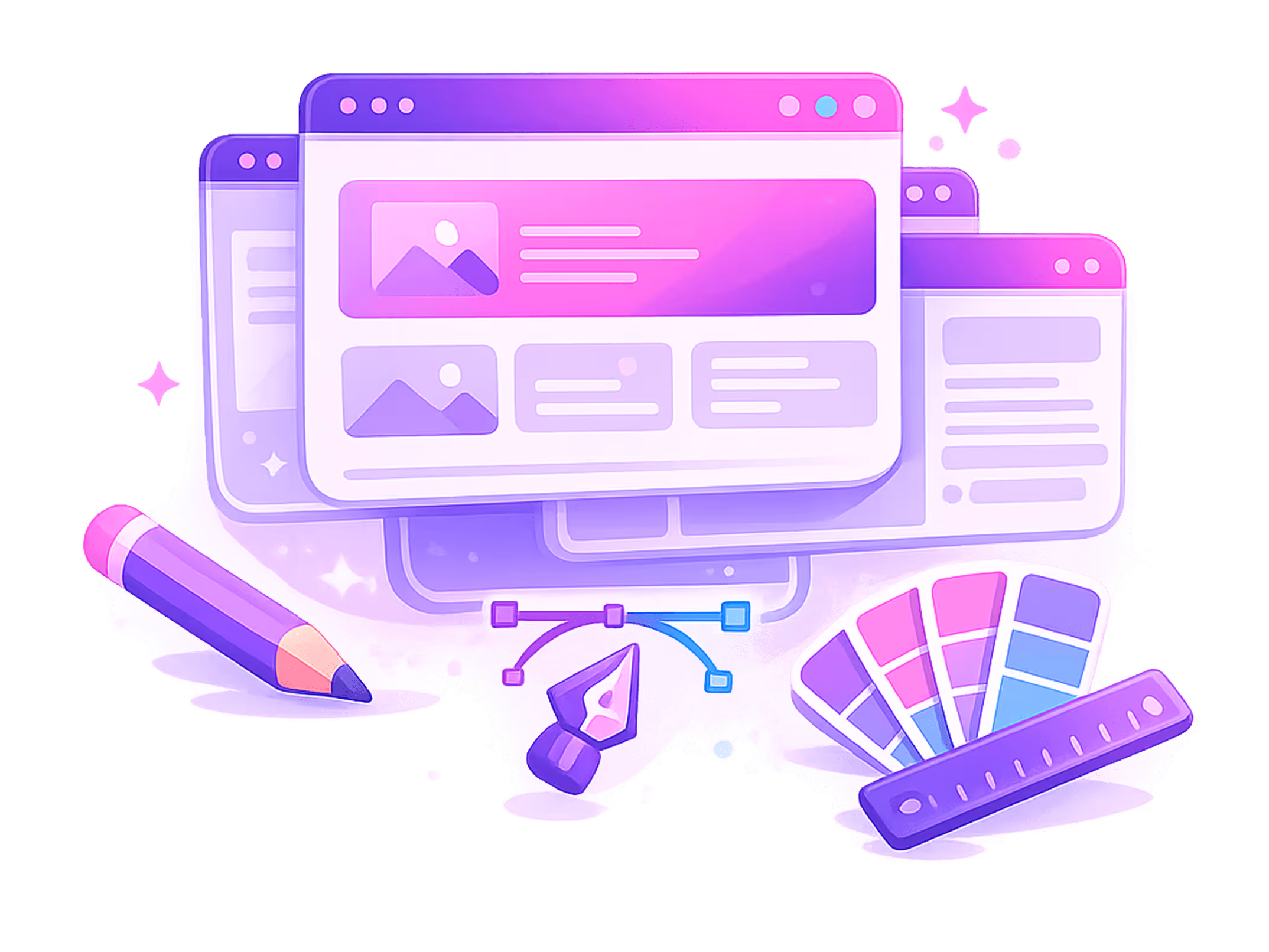 Illustration of web design tools with browser windows, color swatches, pencil, and vector pen tool.