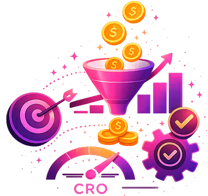 Funnel with coins, target, speed gauge labeled CRO, check-marked gears, and rising bar graph.