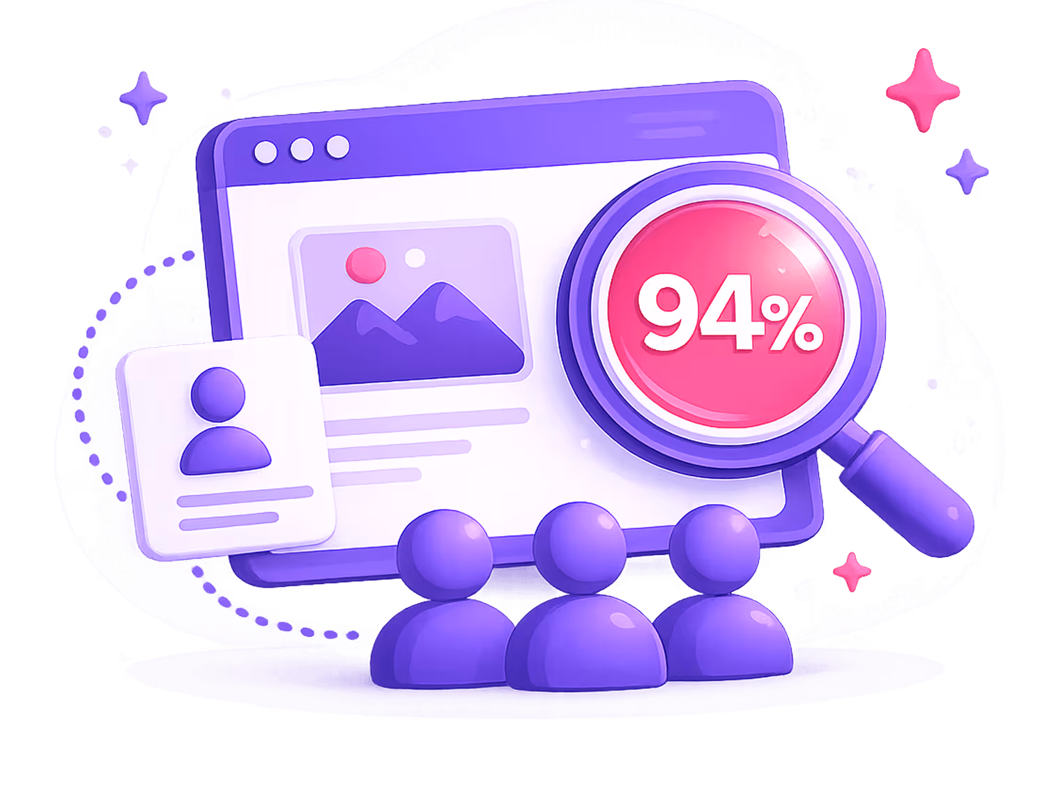 Three purple user icons in front of a webpage with a magnifying glass showing 94%.