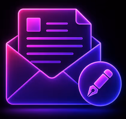 Neon glowing envelope with a document inside and a pencil icon representing email writing.