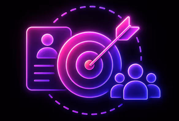 Neon icons of user profile, target with arrow, and group of people on black background.