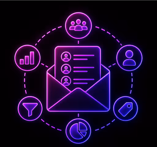 Neon icon of an open envelope with a contact list surrounded by social, filter, tag, chart, and group icons.